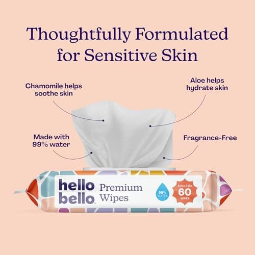 Hello Bello Premium Wipes, Designed for Sensitive Skin with Chamomile & Aloe Extracts, Flower Pop (12 Resealable Packets = 720 Total Wipes)