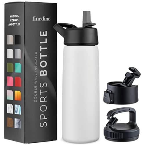 FineDine Water Bottle - Stainless Steel Insulated Water Bottle with Straw Lid, Flip Lid & Wide-Mouth Cap - Keeps Hot and Cold - 25 Oz / 739ml - Pure Pearly White