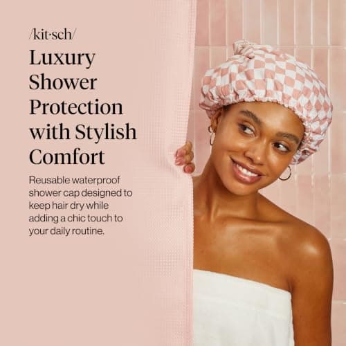 Kitsch Luxury Satin-Lined Flexi Shower Caps for Women Reusable Waterproof - Large Wide Shower Cap for Women & Men, Adjustable, Stylish Hair Cap for Showers, For Long & Short Hair - Terracotta Checker