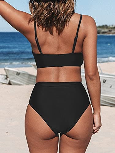 CUPSHE Women's Bikini Sets Two Piece Swimsuit High Waisted V Neck Twist Front Adjustable Spaghetti Straps Bathing Suit, M Black