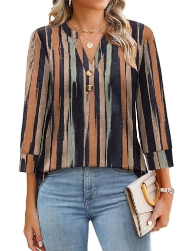 WIHOLL Womens Tops 3/4 Sleeve Shirts for Women V Neck Blouses Dressy Casual Womens Summer Clothing Trendy 2026 Vertical Stripes L