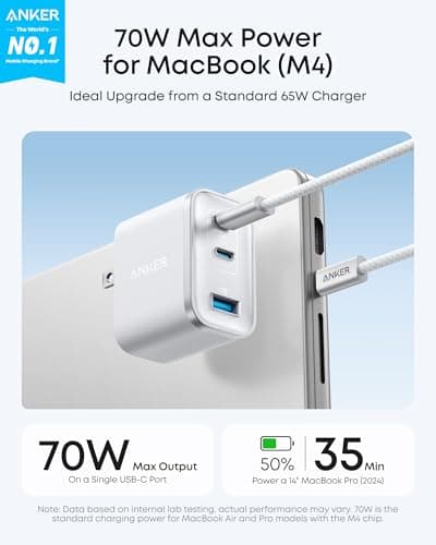 Anker Nano USB C Charger, Ultra-Fast 70W Output 3-Port Fast Charger USB C, Type C Charger Fast Charging, Compact and Stylish, for iPhone 17/16 Series, MacBook, iPad and More(Black, Cable Included)