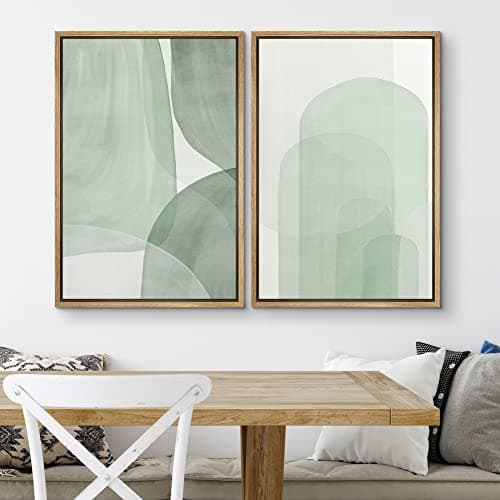 SIGNWIN Framed Canvas Print Wall Art Set Pastel Watercolor Green Polygon Collage Abstract Shapes Illustrations Modern Art Minimal Boho Colorful for Living Room, Bedroom, Office - 24"x36"x2 Natural