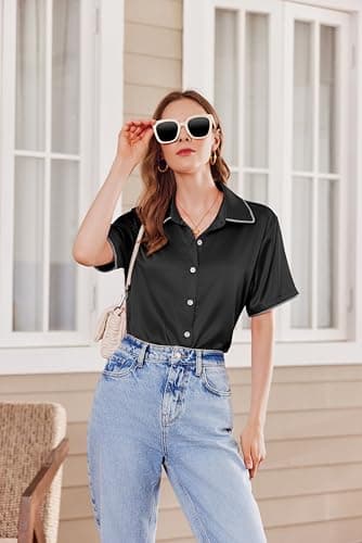 Ekouaer Silky Satin Pajamas Sets for Womens Short Sleeve Button Down Sleepwear 2 Piece Lounge Set Pjs Shorts Summer Outfits Black