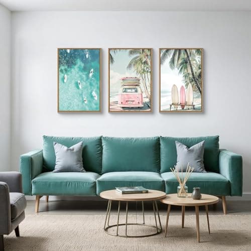 HPNIUB Summer Surfboard Beach Framed Canvas Wall Art Set,Modern Ocean Surfing Seascape Wall Decor,Coastal Bus Coconut Tree Wall Painting,Nature Botanical Art Prints for Living Room, Bedroom-16"x24"x3