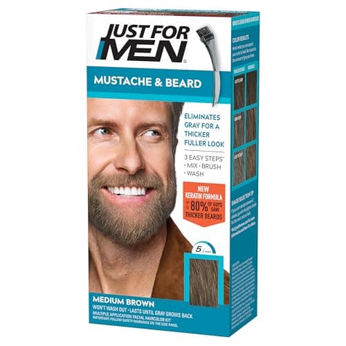 Just For Men Mustache & Beard multiple uses Beard Coloring for Gray Hair with Brush, With Keratin Biotin Aloe and Coconut Oil for Healthy Facial Hair Medium Brown, M-35, Pack of 1
