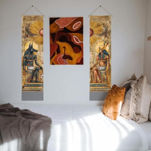 AHANDMAKER 2Pcs Ancient Egypt Mythology Tapestry Godsand Pharaohs Art Wall Hanging Decor Vertical Long Tapestry with Tassels for Bedroom Living Room Home Office Decoration, 45.7x13 Inch