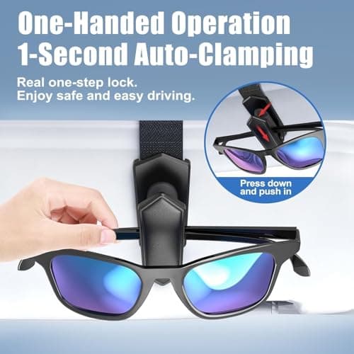 Veharvim One-Handed-Operation Sunglasses Holder for Car, Visor Sunglass Holder Clip, Car Accessories Interior, Universal Fit Silicone Padded Visor Sunglass Holder Car (Black, 1 Pack)