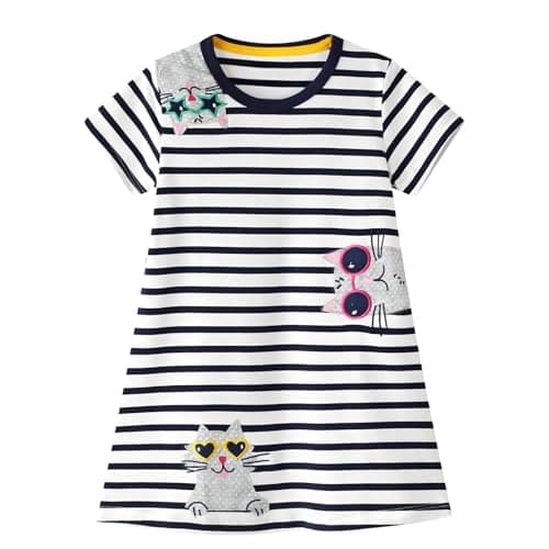 Winzik Toddler Summer Dress, Little Girls Short Sleeve Cotton Casual Dresses Stripe Clothes 2-8 Years (4-5T, Black and White Stripe)