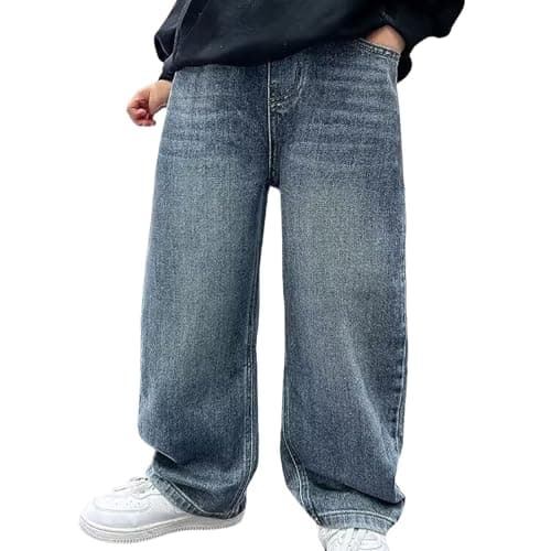 Baggy Jeans Boys Y2K Straight Wide Leg Denim Pants Kids Casual Elastic Waist Loose Trousers Pocket Streetwear Vintage Clothes (CA/US, Age, 15 Years, 16 Years, Blue)