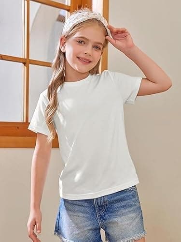 Haloumoning Girls Short Sleeve T Shirts Kids Summer Tops Crewneck Tees 5-14 Years, White, 9-10 Years