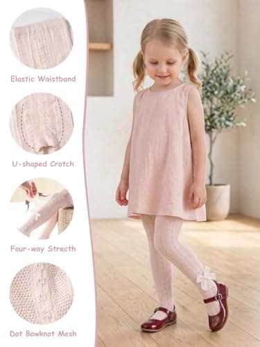 Miipat Baby Girl Tights Toddler Footed Leggings Bowknot Mesh Lace Stockings 2 Pack Little Kids Hollow Pantyhose(WhitePinkBowTie,6-12M)