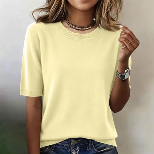 Elbow Sleeve Tops Women Loose Fit Cashmere Sweaters Crew Neck T Shirts Dressy Lightweight Half Sleeve Spring Blouses Yellows X-Large