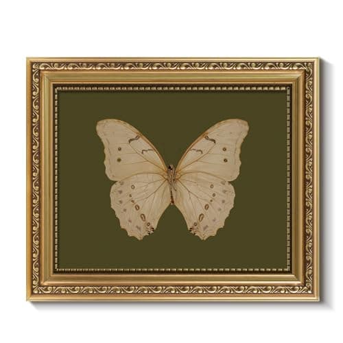 ARPEOTCY Vintage Gold Framed Wall Art, Classical White Butterfly Paintings, 8x10 inch Small Moody Green Canvas Prints with Antique Picture Frame, Victorian Wall Decor for Gallery Living Room Shelf