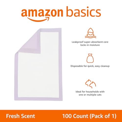 Amazon Basics Cat Pee Pads, Super Absorbent, Odor Control with Fresh Scent, Universal Fit for Litter Box, Multi Cat, Disposable, White/Purple, 100 Count