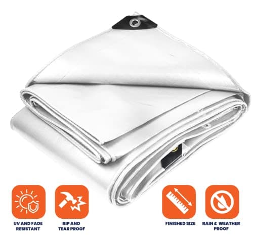 Tarpco Safety Extra Heavy Duty 14 Mil Tarp Cover, Waterproof, UV Resistant, Rip and Tear Proof, Poly Tarpaulin with Reinforced Edges for Roof, Camping, Patio, Pool, Boat (White 12′ X 16′)