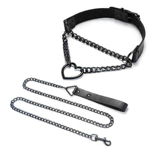 Aufordebatis Heart Black Chain Collar, Leather Collar Necklace Gothic Punk Body Chain Belt Jewelry Accessories for Halloween Cosplay (Black, 13-16 in)