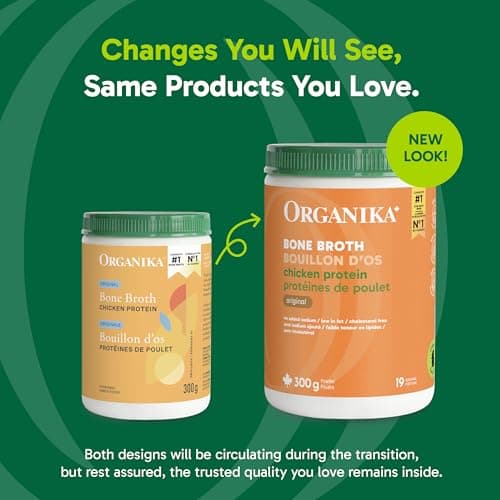 Organika Canadian-Made Chicken Bone Broth Powder-15g Protein Per Serving, Low-Sodium, Mineral-Rich, Convenient Powder Format, Easily Add to Recipes, Keto | Free-Run, Non-GMO and Organic Vegetarian Fed-Chickens- 300g