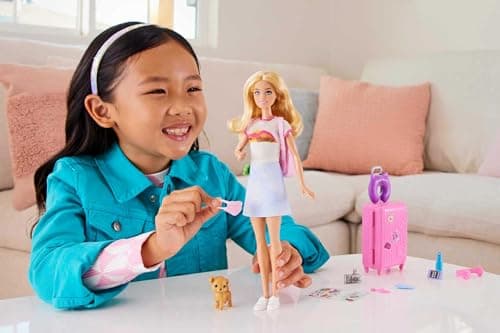 Barbie Doll & Accessories, Travel Set with Puppy and 10+ Pieces, Suitcase Opens & Closes, Barbie 'Malibu' with Blonde Hair