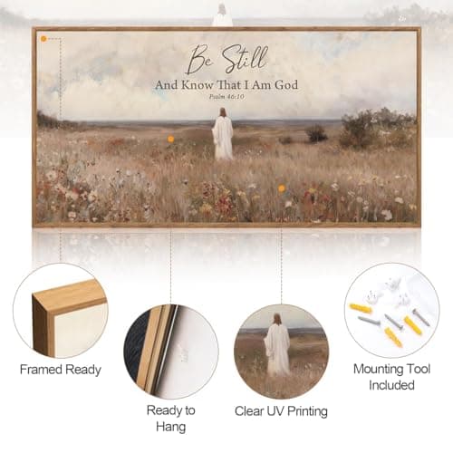 CHDITB Be Still And Know That I Am God Psalm 46:10 Wall Art(40"x20"), Jesus Christian Bible Verse Scripture Canvas Artwork, Large Wildflowers Meadow Landscape Decor for Home Dining Room Christ Gift