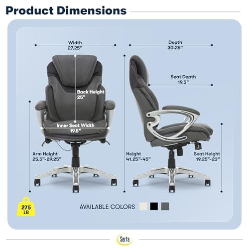 Serta Bryce Executive Office Chair - Ergonomic Computer Desk Chair with Patented AIR Lumbar Technology - Adjustable Height - Memory Foam Body Pillows - 360° Swivel Rolling Base - Bonded Leather - Gray