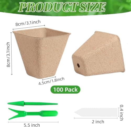 100 Pcs Square Peat Nursery Pots 3 Inch, Biodegradable Peat Pots Plant Starters with Drainage Holes, Organic Germination Plant Starter with Plant Labels for Indoor Outdoor Gardens