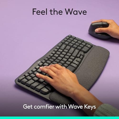 Logitech Wave Keys Wireless Ergonomic Keyboard with Cushioned Palm Rest, Comfortable Natural Typing, Easy-Switch, Bluetooth, Logi Bolt Receiver, for Multi-OS, Windows/Mac - Graphite