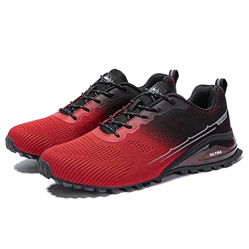 Kricely Men's Trail Running Shoes Fashion Hiking Sneakers for Men Tennis Cross Training Shoe Red Black Non-Slip Walking Footwear Size 10.5 Wide