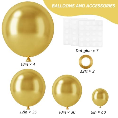RUBFAC Gold Balloons 129pcs Different Sizes 18 12 10 5 Inch, Metallic Gold Balloon Garland Arch Kit for Graduation Party Wedding Holiday Happy Birthday Decoration