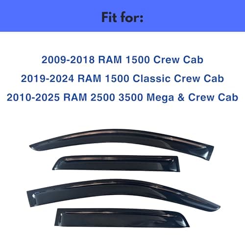 IG Window Visor Fit for 2009-2018 RAM 1500 Crew Cab, Out-Channel Rain Guards Vent Deflectors 4PC, Truck Accessories for 2019-2024 RAM 1500 Classic, 2010-2025 RAM 2500 3500 (Mega & Crew Cab)