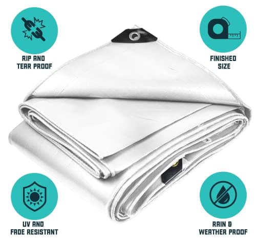 Core Tarps Extra Heavy Duty 16 Mil Tarp Cover, Waterproof, UV Resistant, Rip and Tear Proof, Poly Tarpaulin with Reinforced Edges for Roof, Patio, Pool, Boat (White 12′ X 16′)