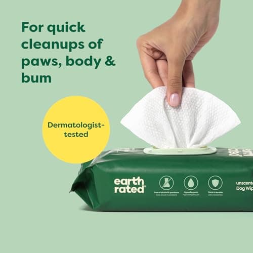 Earth Rated (A Canadian Company) Pet Wipes for Dogs and Cats, Hypoallergenic, Cleaning and Hydrating, for Grooming Paws, Body and Butt, Unscented, 100 Count