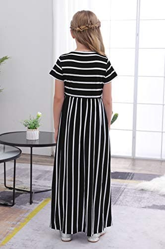 GORLYA Girl's Short Sleeve Floral Print Loose Casual Holiday Long Maxi Dress with Pockets 4-12 Years (11-12Years/Height:150cm, Black Stripe)