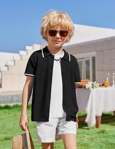 Arshiner Boys Button Down Shirt Short Sleeve Knit Shirt Summer Vintage Fashion Casual Beach Shirts for Kids 3-14 Years Black
