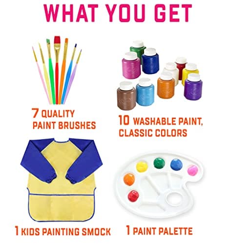 Kids Painting Set, Washable Paint for Kids 10 Colors, 7 Paintbrushes, Paint Palette, Painting Smock, Non Toxic Tempera Paints 2 oz Each,Paints for Toddlers Gifting bundle Art, Crafts