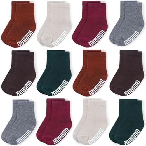 JAKIDAR 12 Pack Baby Toddler Socks Non Slip Grip Cotton Crew Socks for Boys Girls Infants Kids, Angola Red, 12-24 Months