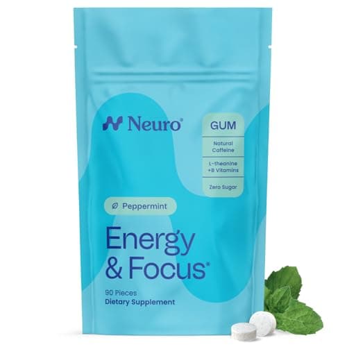 Neuro Energy & Focus Gum - Caffeine Gum with 40mg Natural Caffeine & L-Theanine - Nootropic Energy Supplement with B Vitamins - Sugar Free, Vegan - Peppermint, 90ct