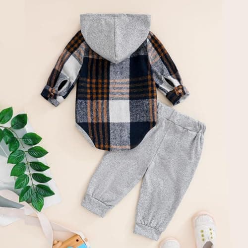 LUJENGEFA Baby Boy Outfits Tracksuit Plaid Button Down Hoodie Tops Pants Trousers Jogger Toddler 2Pcs Clothes Set Light Gray 0-3 months