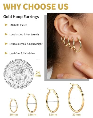 4 Pairs Gold Silver Hoop Earrings for Women Stainless Steel 14K Gold Plated Huggie Earrings Hypoallergenic Lightweight Earring (10-20mm) (Gold - 4 Pairs)
