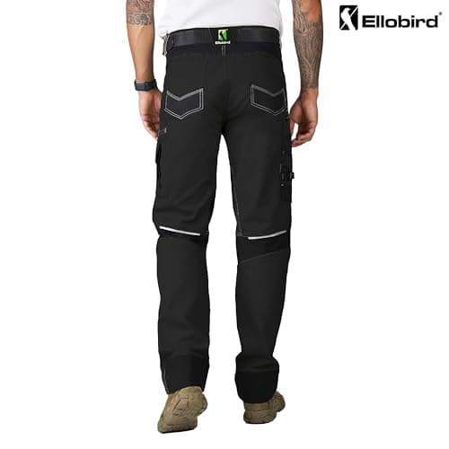Ellobird Men's Construction Work Utility Pants Relaxed Fit Stretch Flex Cordura Double Knee Reinforcement Carpenter Cargo,(Black Knight,34W x 32L)