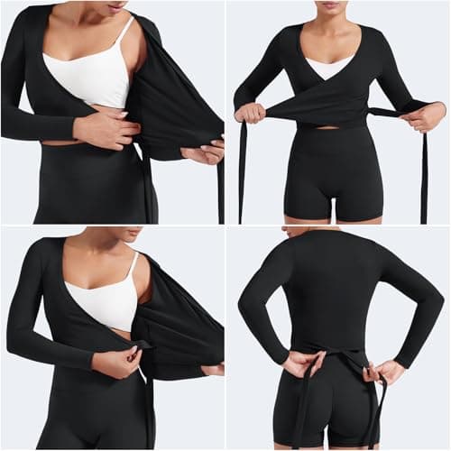 YEOREO Women Pilates Wrap Top Long Sleeve Tie Ballet Workout Yoga Shirt Michelie Y2K V Neck Cropped Tops, Black, Small