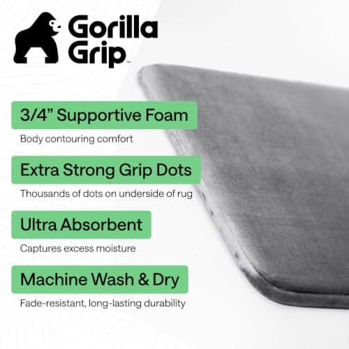 GORILLA GRIP Thick Memory Foam Bathroom Mat, Soft Absorbent Bathtub Mats, Durable Underside, Machine Washable Quick Dry Bathmat Rug, Shower and Tub Floor Rugs, Bath Accessories, 61x43 cm, Graphite