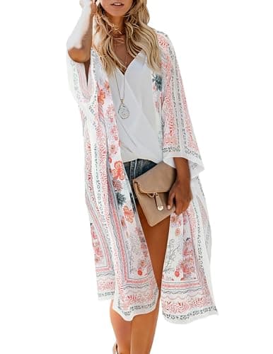 MayBuy Women's Summer Long Flowy Kimono Cardigans Boho Chiffon Beach Cover Up Tops, 0-floral1/Multicolored, Large