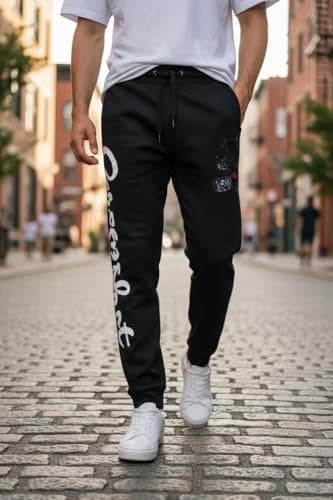 SCREENSHOT Mens Hip Hop Premium Classic Fit Urban Fleece Pants - Street Fashion Sweatpants Ribbed Wasteband with Drawstring, P1113-black/Black, Large