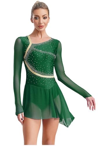 TSSOE Women Figure Skating Dress Long Sleeve Shiny Rhinestone Ice Skating Dress Ballet Dancewear Green Small