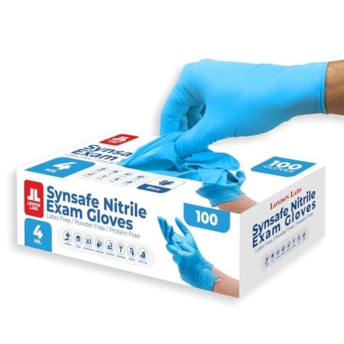 London Labs Synsafe 4 Mil - Blue Nitrile Exam Gloves –Disposable Latex Free & Powder Free – Extra Strong, Rubber Gloves – First Aid Kit, Medical, EMT, Cleaning, Cooking | Pack of (100 ct)