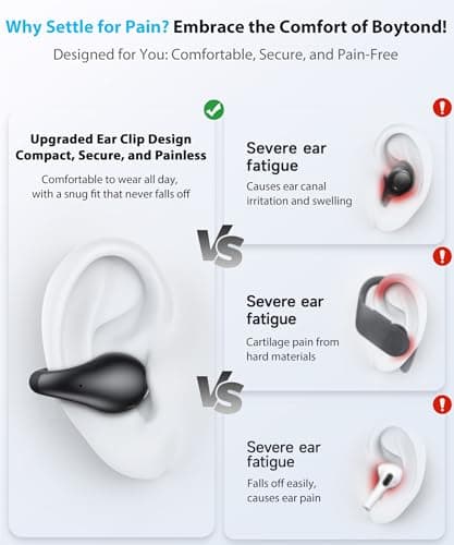 Boytond Ultra Open Ear Earbuds - Comfortable Clip-On Bone Conduction Earbuds, Over-The-Ear Open Headphones with Waterproof Build for Running, Gym Workouts, and Outdoor Sports, Onyx Black