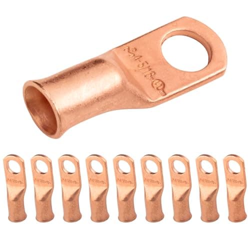 SELTERM 10pcs 4 AWG - 5/16" Stud Battery Lugs, Heavy Duty Wire Lugs, Ring Terminals, Cable Ends, 4 Gauge Terminals, UL Bare Copper Eyelets Electrical Terminal Connectors