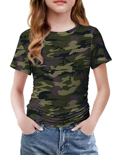 Arshiner Girls Toddler Shorts Sleeve Shirts Side Ruched Slim Fit Tops Round Neck Cute Camo Blouses for Kids 5-6 Years