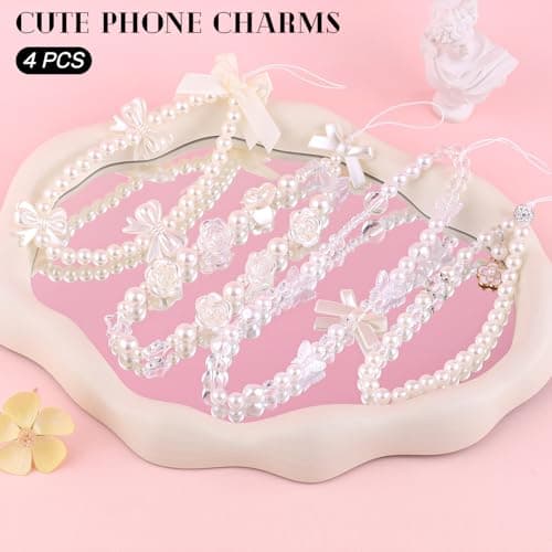TINKRSTUFF 4 PCS Cute Phone Charms ABS Imitation Pearl Beaded Aesthetic Y2K Cellphone Wrist Strap Bedazzling Flower Bow Accessories Anti-Theft Chain String for Bag Keychain Airpods Camera Decor